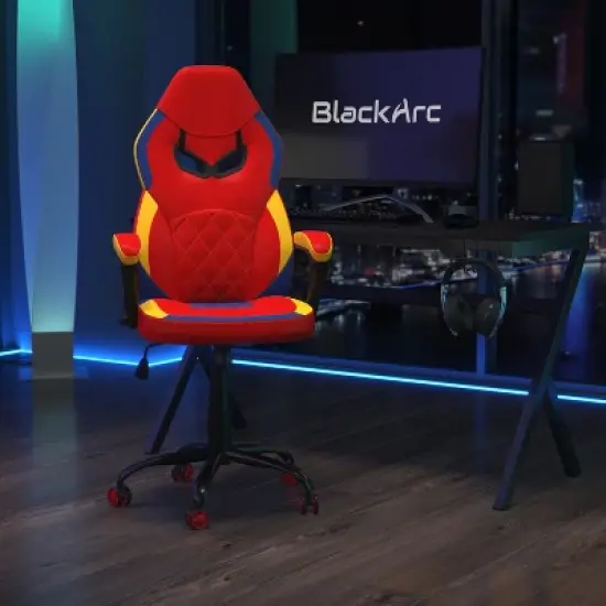 BlackArc High Back Gaming Chair with Red and Yellow Faux Leather Upholstery, Adjustable Swivel Seat and Padded Flip-Up Arms image {1}