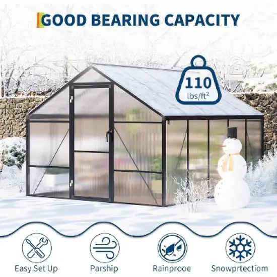 8x12 Ft Aluminum Large Walk-in Greenhouse, Polycarbonate Greenhouse with Adjustable Roof Vent for Outdoors, Greenhouse for Patio, Lawn image {6}