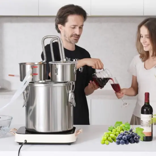 VEVOR Alcohol Still, 13.2 Gal / 50 L Stainless Steel Water Alcohol Distiller with Copper Coil for Fast Cooling, Dual Condenser Distiller Kit, Silver image {1}