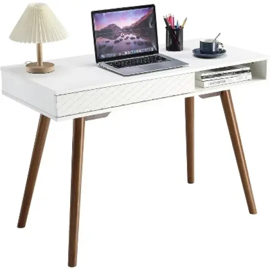 Acekool 42" Mid-Century Modern Computer Desk with Drawer and Open Storage Cubby, Home Office Desk for Gaming, Study, Writing, White image {1}