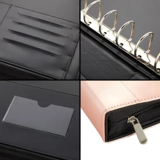 Juvale Rose Gold 7 Ring Business Checkbook Binder with Zipper for Checks, PU Leather, 15 x 11 x 2 In image {7}