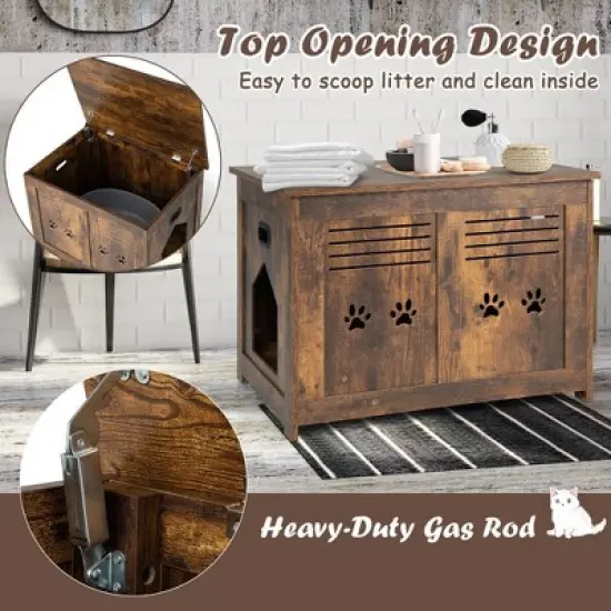 Tangkula Wooden Cat Litter Box Enclosure Flip-Top Hidden Washroom Bench w/ Side Entrance image {6}