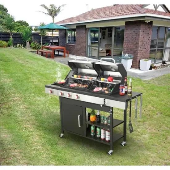 Dolonm 3+1 Hybrid Grill: Gas & Charcoal Combo w/Side Burner, 37,230BTU, Enamel Cast Iron Grids & Lockable Casters (Black) image {8}