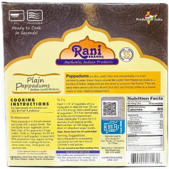 Rani Brand Authentic Indian Foods | Pappadums Plain Papad image {1}