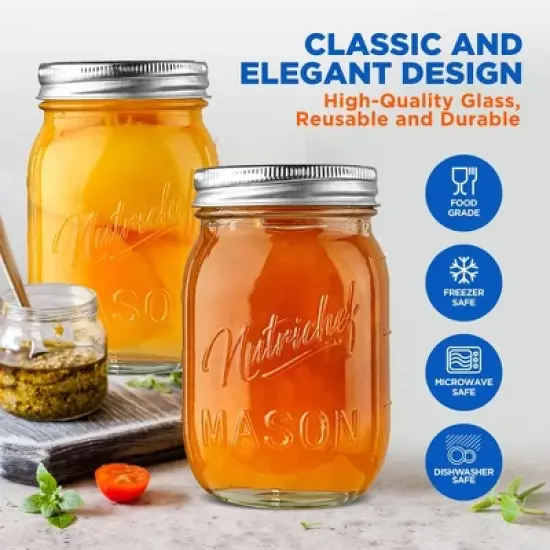 NutriChef 12 Pcs. Glass Mason Jars with Regular Lids and Bands, DIY Magnetic Spice Jars, Ideal for Meal Prep, Jam, Honey, Wedding Favors, and more image {2}