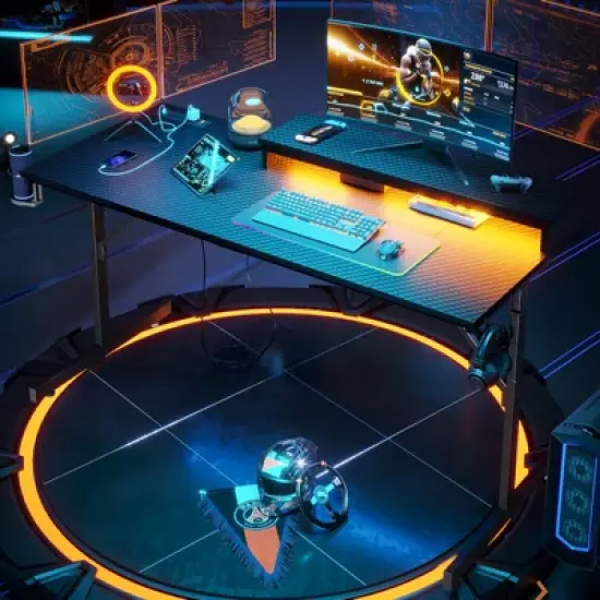 Bestier 52 inch Gaming Desk with Power Strip and LED Monitor Stand for Home Office image {6}