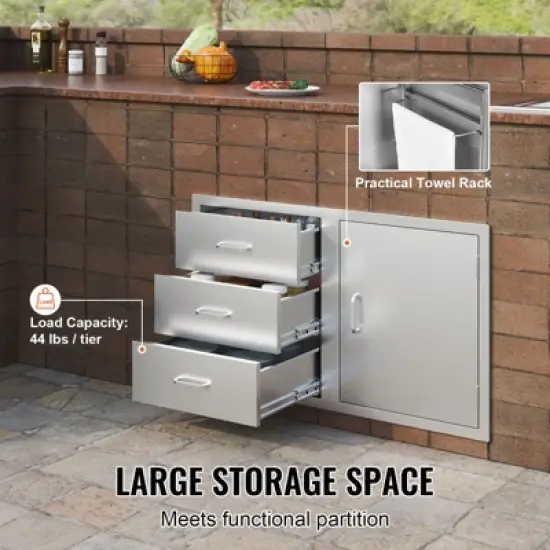 VEVOR Outdoor Kitchen Door Drawer Combo 38.1\'\'W x 22.6\'\'H x 20.8\'\'D, BBQ Access Door/Triple Drawers Combo with Stainless Steel Handles, Silver image {3}
