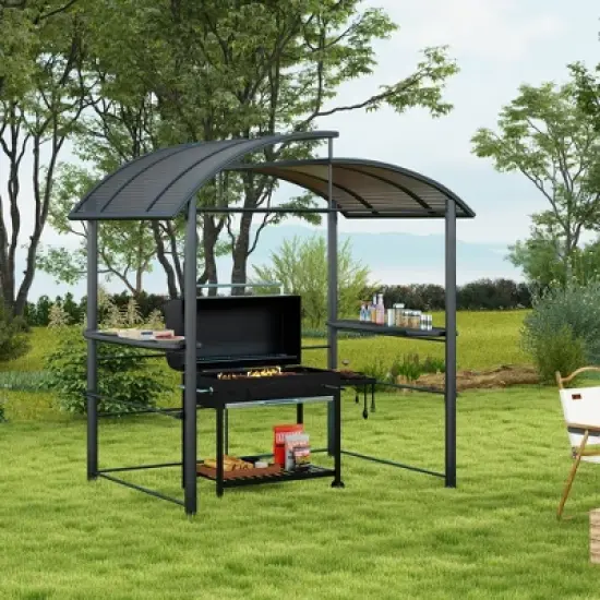 Outsunny 8x5ft Grill Gazebo Shelter with Interlaced Vented Polycarbonate Roof, Outdoor BBQ Gazebo with Side Shelves for Hanging Tools image {1}