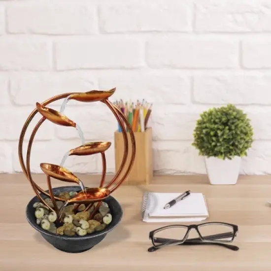 13" Indoor Metal Leaf Tabletop Fountain with Stone-Filled Base Black/Copper - Alpine Corporation image {1}