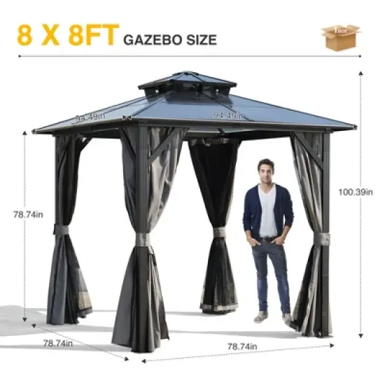 8 ft. x 8 ft. Hardtop Outdoor Gazebo, Polycarbonate Double Roof BBQ Gazebo with Aluminum Frame, Storage Hooks, Curtains image {2}