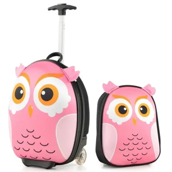 Costway 2PCS Kids Carry On Luggage Set 16'' Owl Rolling Suitcase with 12'' Backpack Travel Pink/White/Yellow image {8}