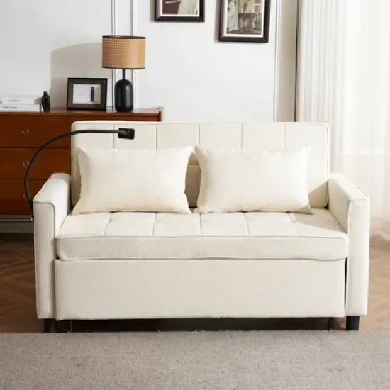 56.9"W Loveseat Sofa, Pull-Out Sleeper Sofa Bed with Adjustable Backrest, Side Pockets, Two USB Ports and A Phone Holder - ModernLuxe image {7}