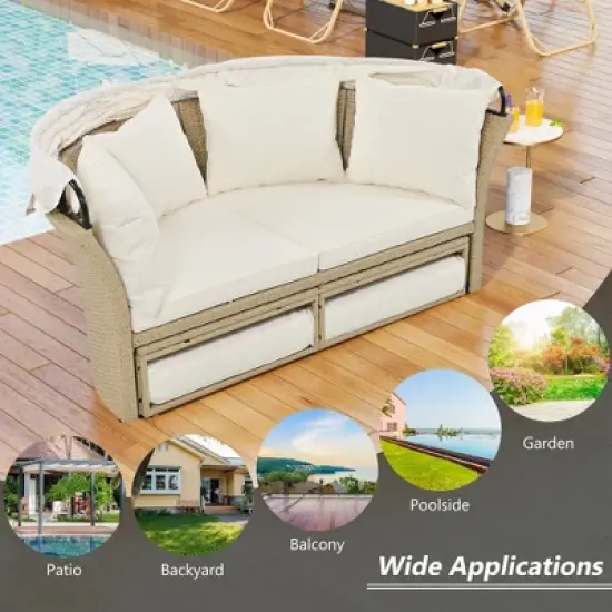 Oris 4-piece Rattan Outdoor Patio Daybed, Round Sofa with Retractable Canopy and 4 Pillows, Tanning Near Me - Maison Boucle image {7}