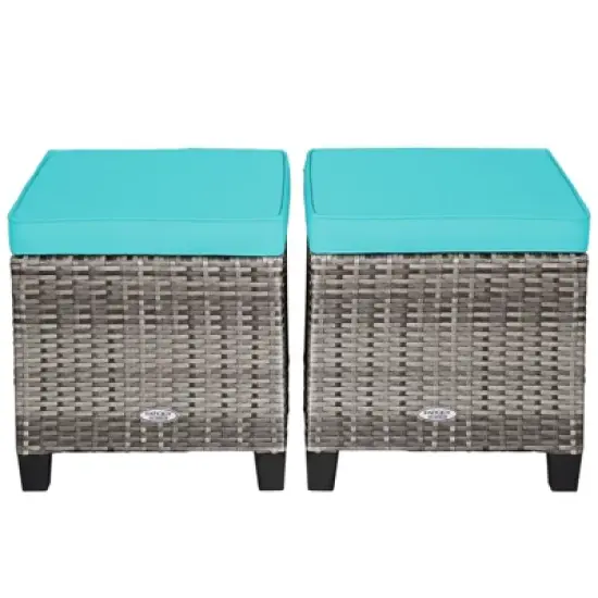 Tangkula Set of 2 Outdoor Rattan Cushioned Ottoman Seat All Weather Patio Footrest Red/Turquoise image {4}
