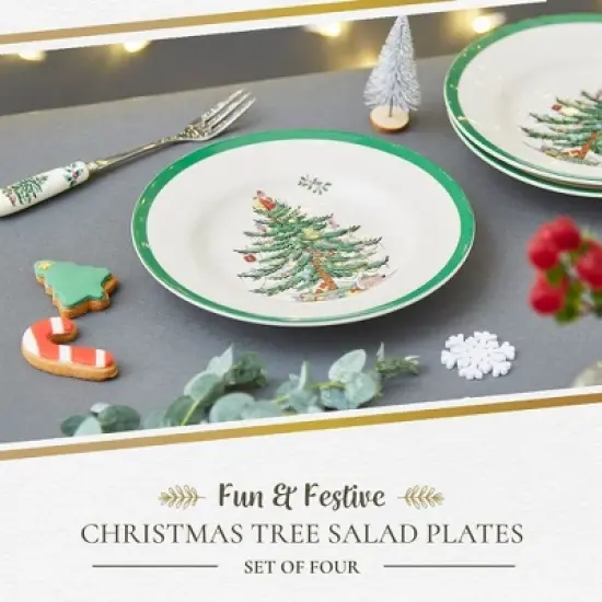 Spode Christmas Tree 8" Salad Plate Set of 4- Stoneware Plate with Christmas Tree Design, Green Bordered Edges, Microwave, Dishwasher & Oven Safe image {1}