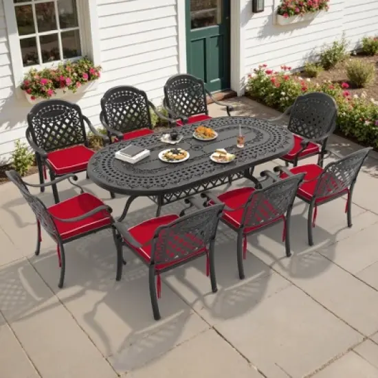 9-Piece Durable Cast Aluminum Outdoor Dining Set - Oval Table & Stackable Chairs Comfortable Red Cushions - Perfect Patio & Backyard Furniture image {10}