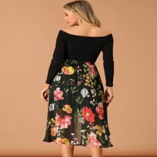 Allegra K Women's High Low Hem Elastic Waist Lurex Chiffon A-Line Midi Floral Skirt image {4}