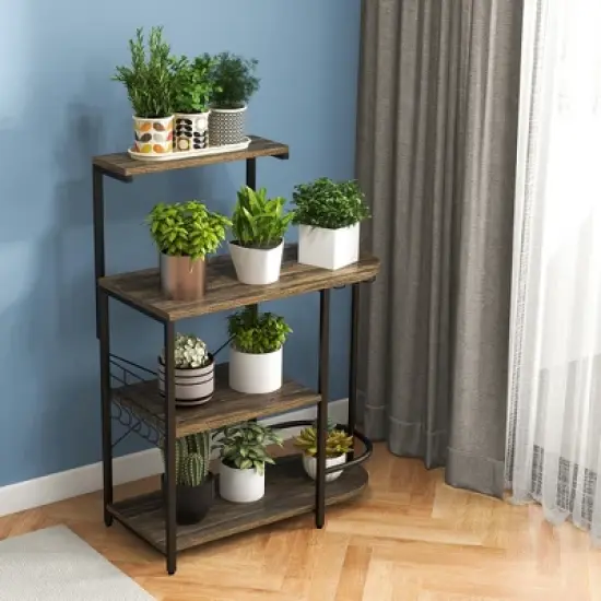 Costway Kitchen Bakers Rack Microwave Stand Coffee Bar w/ S-Hooks & Stemware Holder image {3}