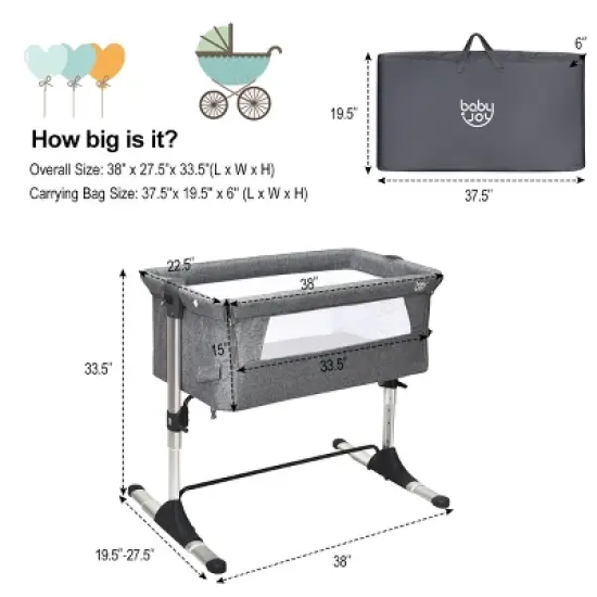 Infans Portable Baby Bedside Bassinet Infant Travel Bassinet Crib W/Carrying Bag Grey image {6}