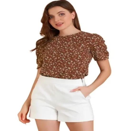 Allegra K Women's Floral Crew Neck Summer Casual Shirred Short Sleeve Blouse image {13}
