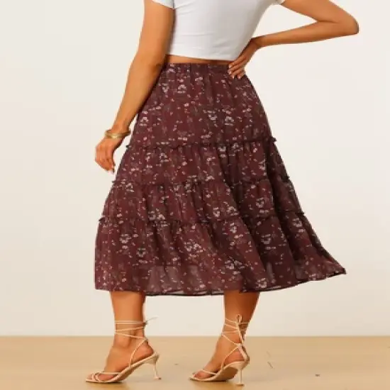 Allegra K Women's Floral Elastic Waist Tiered Ruffle Boho Midi Skirts image {3}