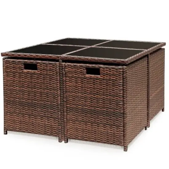 5pc Outdoor Wicker Conversation Set with Rattan Chairs & Ottomans & Tempered Glass Tables - Devoko
 image {4}