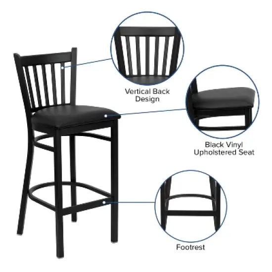 Emma and Oliver Black Vertical Back Metal Restaurant Dining Barstool image {4}