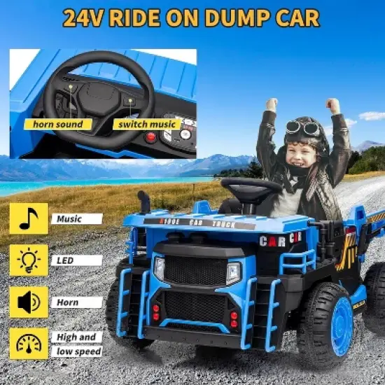 24V 2-Seat Kids R/C Dumper, Ride-on Electric Construction Vehicle with Shovel, Bluetooth, LED Lights and Shock Absorber image {3}