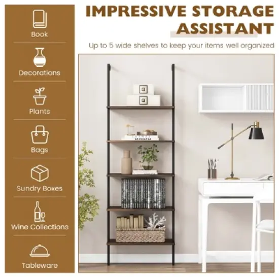 Costway 5 Tier Ladder Shelf 71'' Height Wall-Mounted Bookshelf Display Storage Organizer Brown/Natural/White image {6}