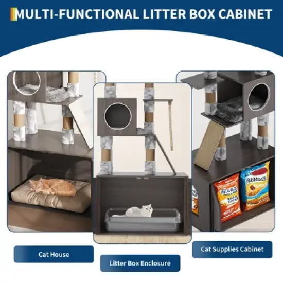 66.9in Cat Tree Tower with Litter Box Enclosure Condo with Perch & Scratching Posts, Plush Nest, Multi-Tier Play & Rest image {6}