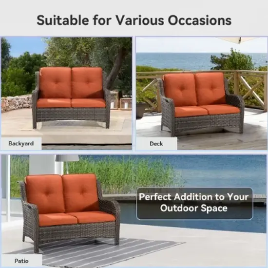 UPTIOT 49'' Polyethylene (PE) Wicker Outdoor Loveseat Orange image {7}