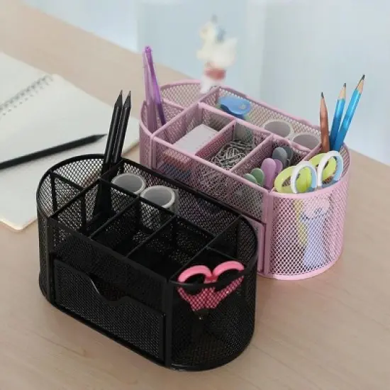 Aghana Digitals 8-Compartment Metal Mesh Desk Organizer with Drawer - Black Stationery Holder image {5}