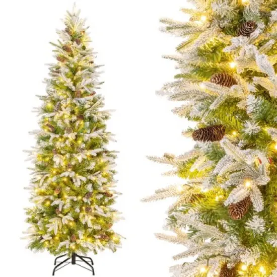 Costway 6/7.5/9 FT Flocked Christmas Tree with 671/913/1310 PE PVC Branch Tips 280/350/470 Warm White LED Lights image {10}