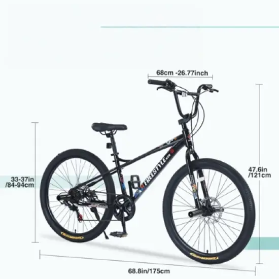 DSVIMOY 26 Inch Freestyle Kids Bike, Children's Bicycle for Boys Girls Age 12+ Years, Black, 68.8"*26.77"*47.6" image {2}