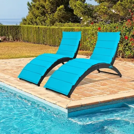 Costway 2PCS Folding Patio Rattan Lounge Chair Chaise Cushioned Portable Lawn Turquoise image {10}