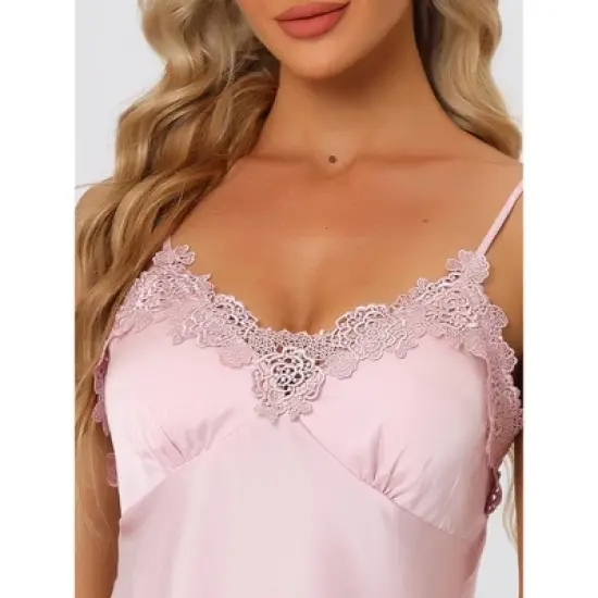 cheibear Womens Satin Lounge Lace Trim Cami Tops with Shorts Sleepwear Pajamas Sets image {3}