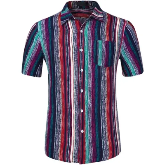 Lars Amadeus Men's Button Down Short Sleeve Casual Vertical Multicolor Shirt image {6}