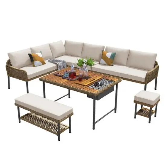 KTMBDW 6-Piece Rope Patio Furniture L-Shaped Set, Outdoor Sectional Sofa Set with Acacia Wood Table with Ice Box, Rope Benches for Garden, Porch, Deck image {9}
