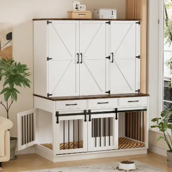 PAKASEPT 71" Tall Dog Crate Furniture, Indoor Dog Kennel with Wardrobe Closet, 46.5" W Dog Cage for Large/Medium Dogs, Wood Dog Crates with 3 Drawers image {7}