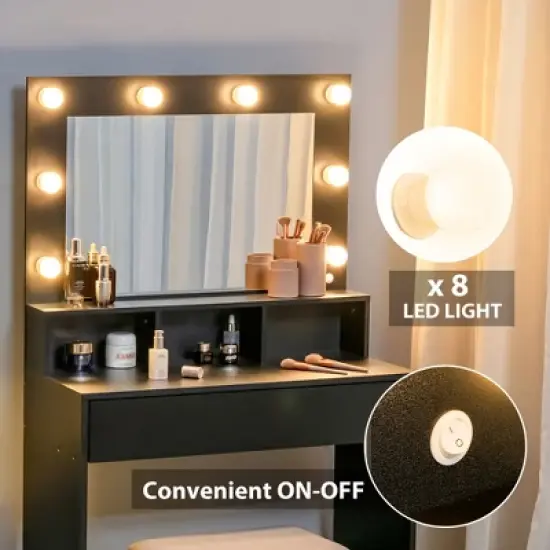 Costway Vanity Table Set with Lighted Mirror 8 LED Bulbs Large Drawer Cushion Stool image {4}