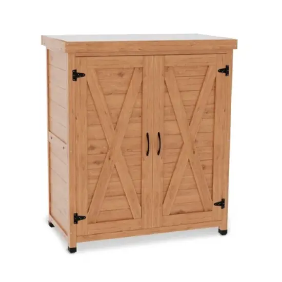 NicBex Small Outside Potting Bench Wooden Outdoor Garden Work Table with Metal Tabletop and Storage Cabinrt image {5}