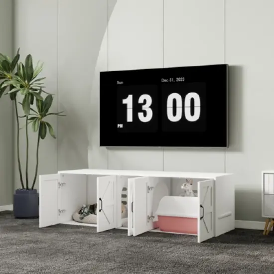 Chery Life White 59.05"L x 17.71"W x 18.89"H Modern Wooden Cat Box Furniture with Double Room, Giving Cats The Greatest Privacy Space image {6}