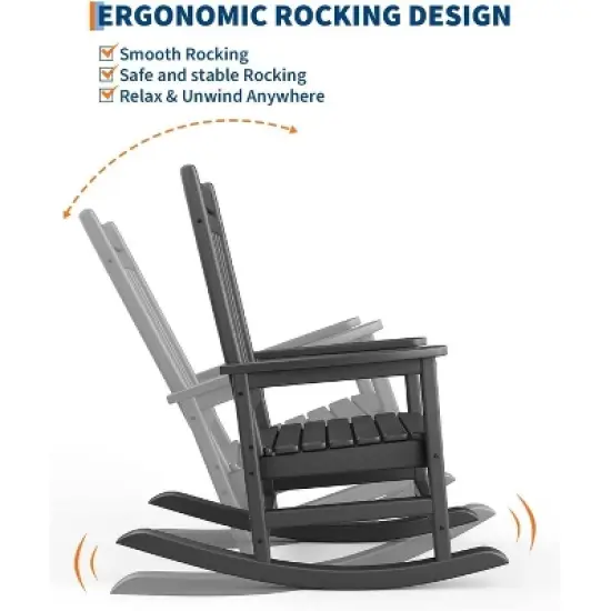 Acekool 2-Piece Outdoor Rocking Chair Set &ndash; HDPE Weather-Resistant Adirondack Rockers with Wood Texture, 380 lbs Capacity, Black image {4}