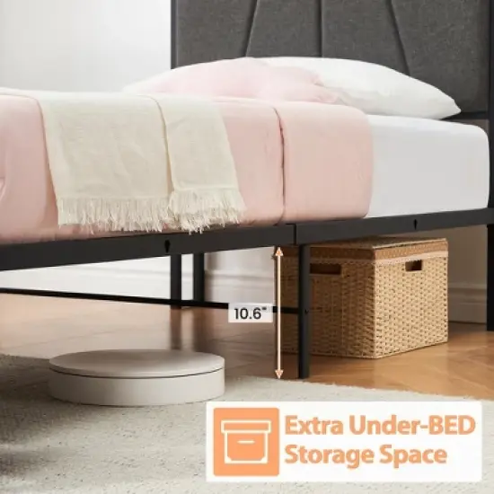 WhizMax Twin Size Bed Frame with 2 Storage Drawers and Charging Station, Rustic Linen Upholstered Platform Bedframe with Storage Headboard image {6}