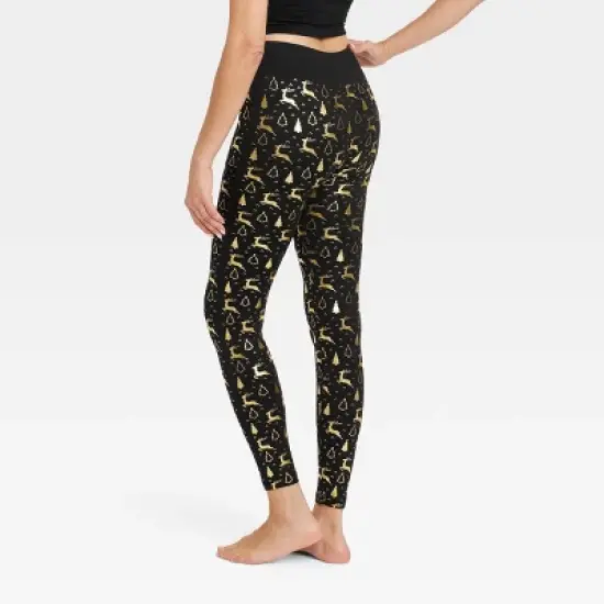 Women's Foil Print Reindeer Seamless Fleece Lined Leggings - Wondershop&trade; Black/Gold image {1}