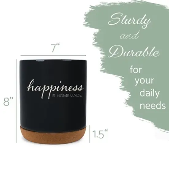 Elanze Designs Happiness is Homemade Ceramic Cork Bottom Black Large Capacity Utensil Holder Crock for Countertop Storage, Stylish & Durable for image {1}