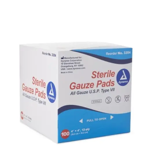 Dynarex Sterile Gauze Pads, Absorbent, 4 in x 4 in, 100 per Pack, 12 Packs, 1200 Total image {1}