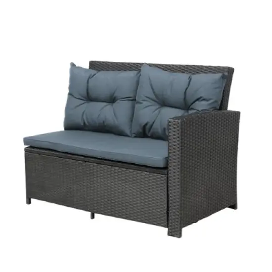 6pc Wicker Patio Conversation Set with Glass Table Ottomans & Cushions - Black/Dark Gray - GODEER image {7}