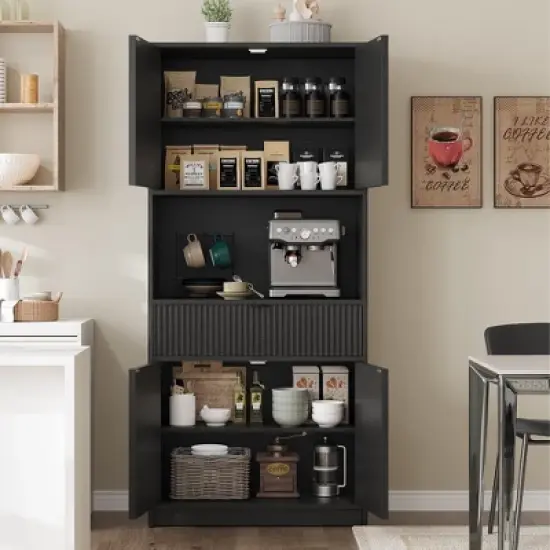 Kitchen Pantry Cabinet, 70" Tall Pantry Storage Cabinet with Countertop, Fluted Tall Cabinets with Doors and Drawer image {5}