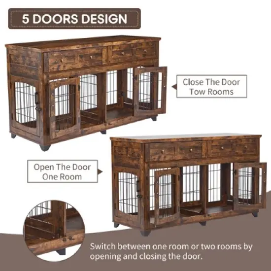 58 Inch Dog Crate Furniture &ndash; 2 Room Indoor Kennel with Large Drawers, Durable Pet House image {3}